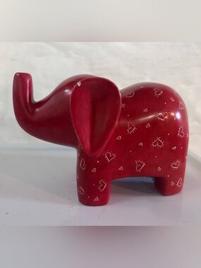 Soapstone Elephant Figurine, Hand Carved, Fair Trade Red with White Heart Motif